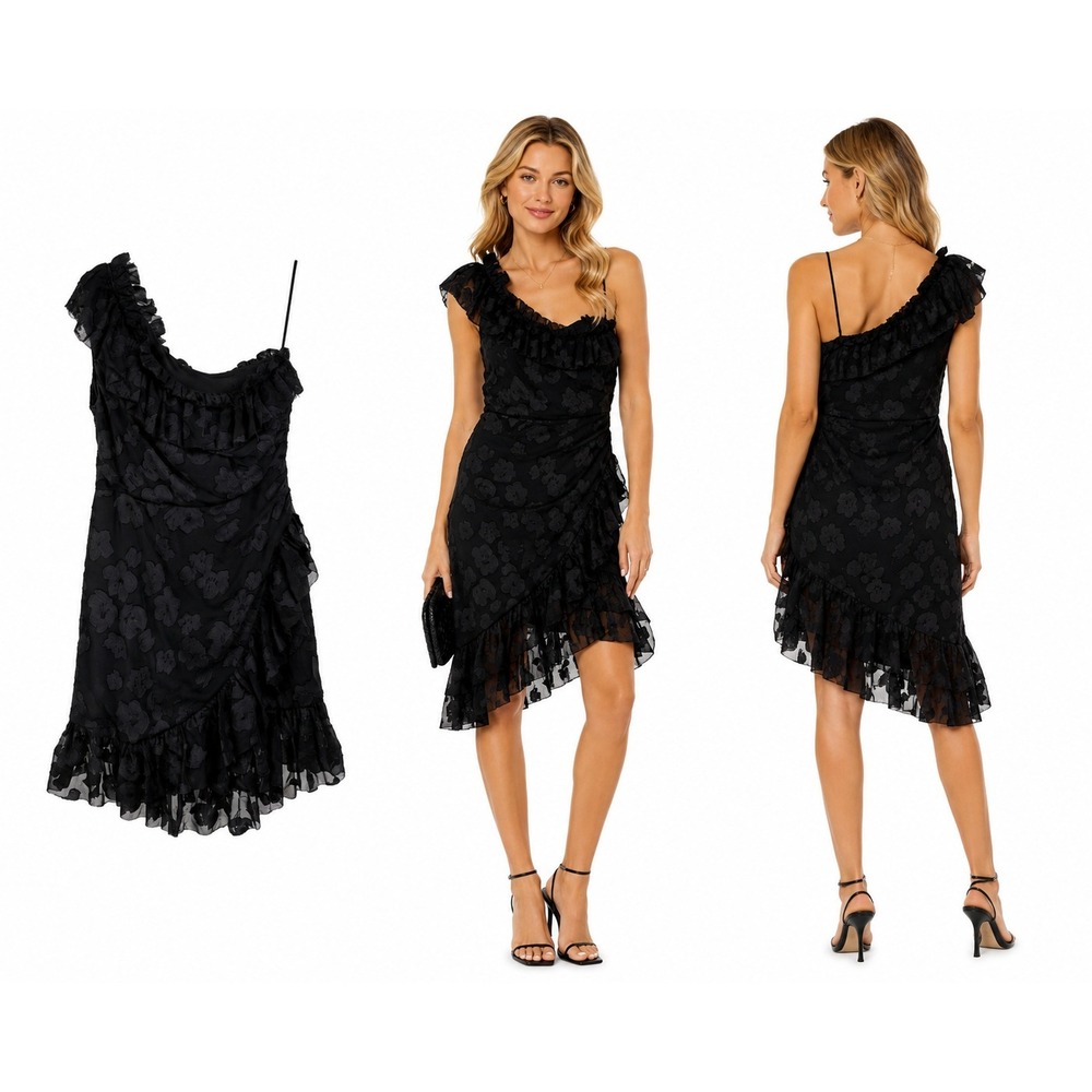 Ulla Johnson Dress 8 Black Silk Cotton One Shoulder Ruffle Floral LBD Romantic